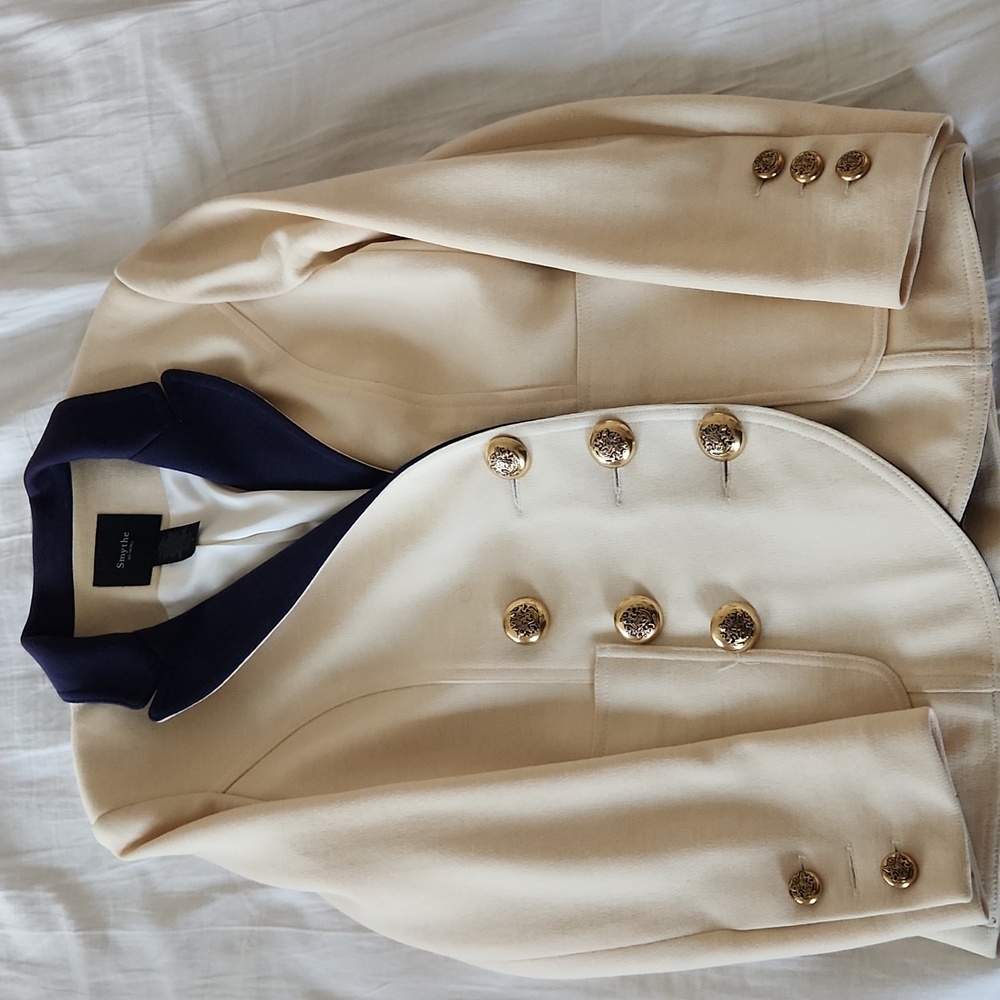 SMYTHE double breasted off white and navy wool blazer with gold buttons sz 4